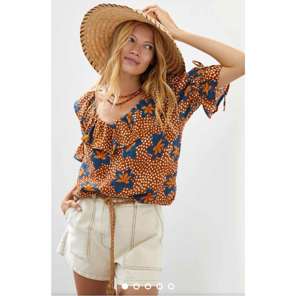 Anthropologie Porridge Ruffled Boat Neck Blouse Medium Boho Summer Festival